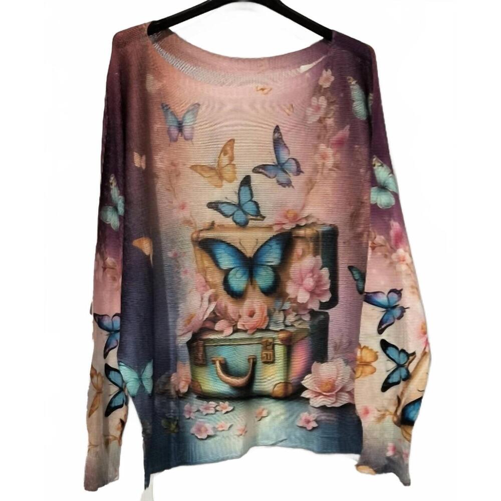 NEW LOOWIE women's butterfly knit printed sweater in pink